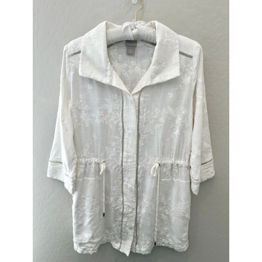CHICO’S | White Embroidered Button Jacket Top Drawstring Waist | Size 0 Small